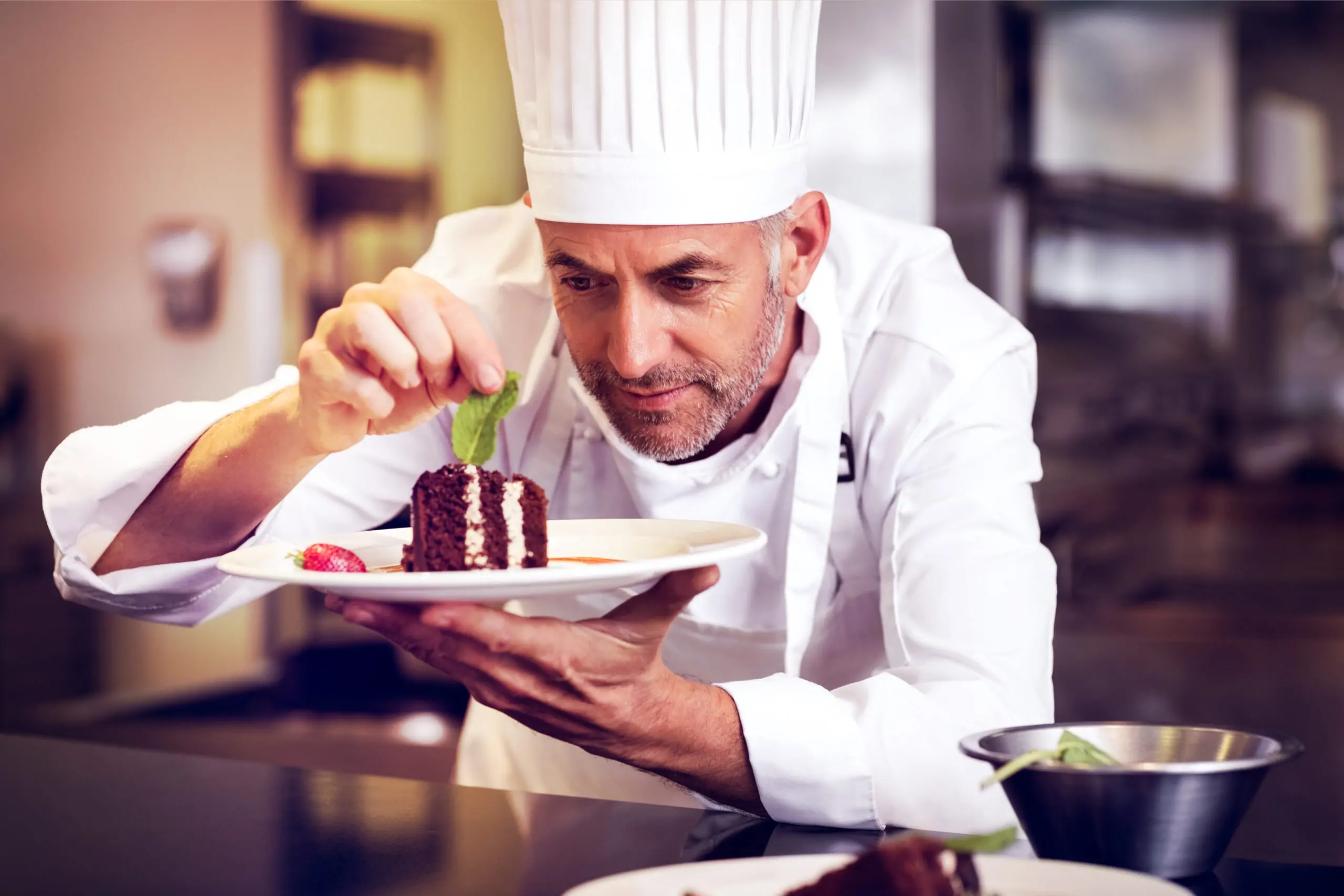 Closeup,Of,A,Concentrated,Male,Pastry,Chef,Decorating,Dessert,In