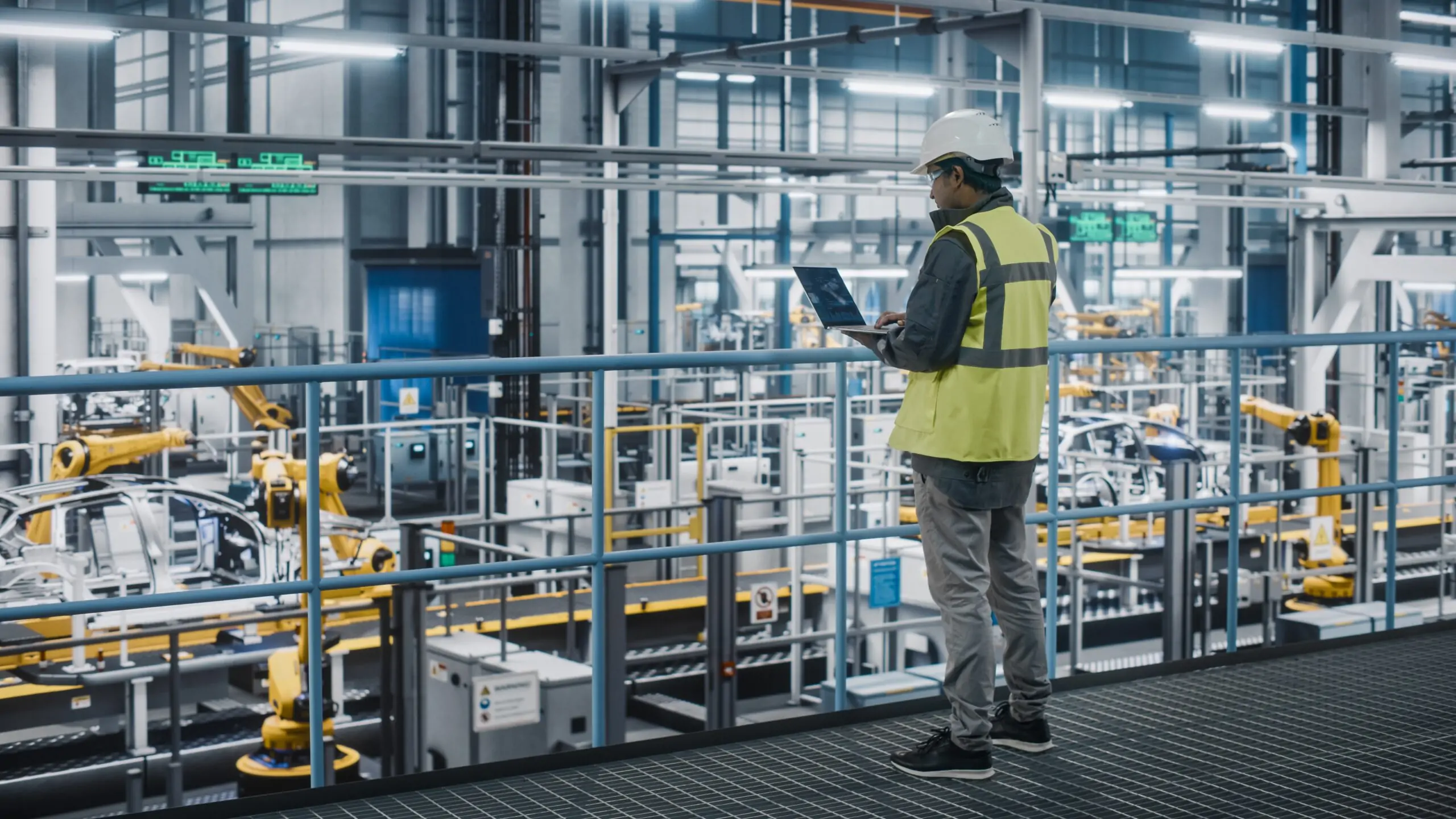 Car,Factory,Engineer,In,High,Visibility,Vest,Using,Laptop,Computer.