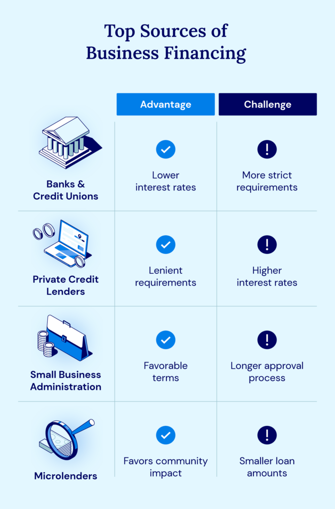 Four main types of business lenders include banks and credit unions, online lenders, the government, and microlenders.