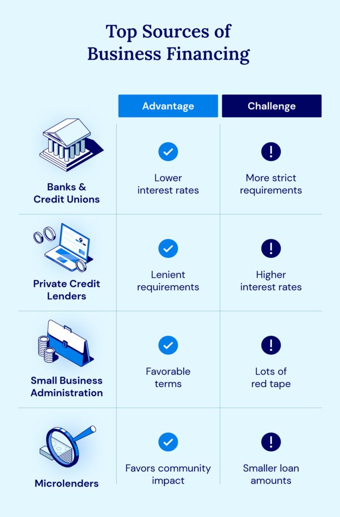 Four main types of business lenders include banks and credit unions, online lenders, the government, and microlenders.